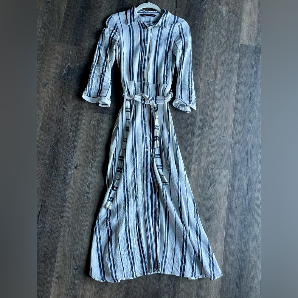 Zara Long Sleeve Striped Linen Blend Tie Waist Maxi Dress Navy and White Sz XS